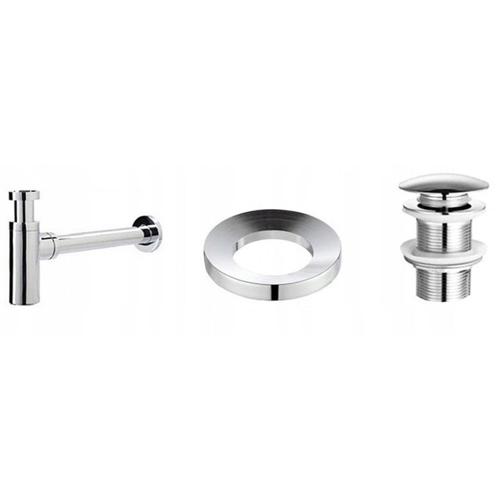 Комплект аксесоари за мивка Veldman, хромиран сифон тип бутилка, капак клик-клак без преливник, монтажен пръстен за кръгли мивки