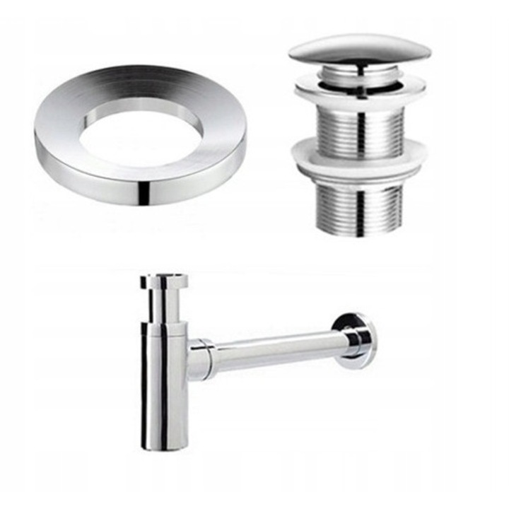 Комплект аксесоари за мивка Veldman, хромиран сифон тип бутилка, капак клик-клак без преливник, монтажен пръстен за кръгли мивки