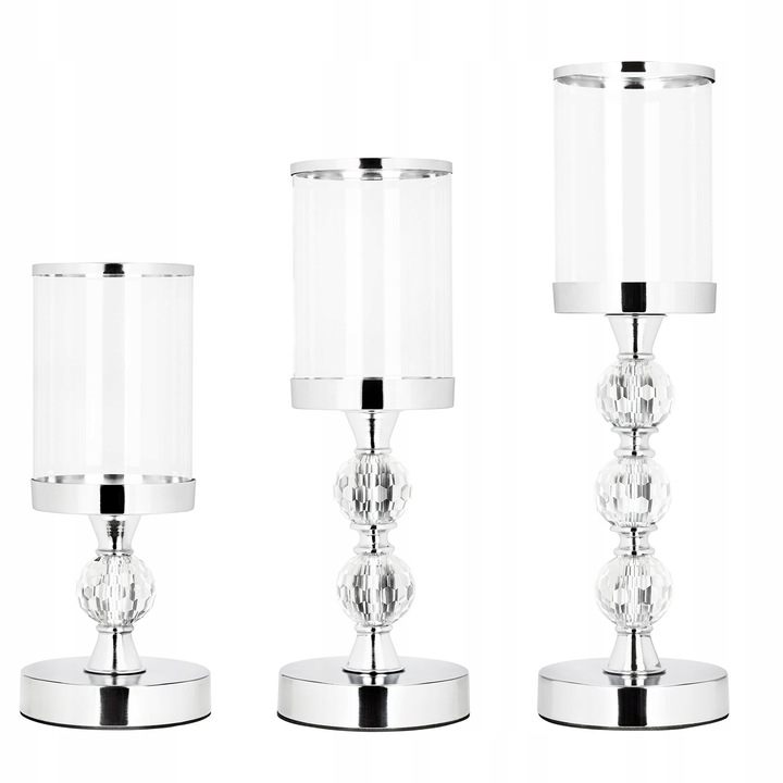 Set 3 suporturi lumanari metalice glamour, Springos, argintii, 41cm