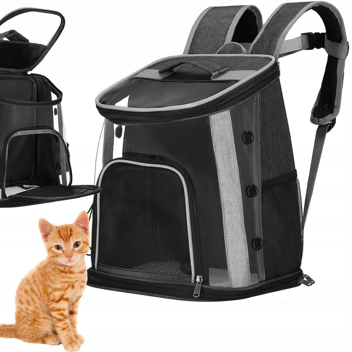 Transporter pentru animale Springos, rucsac, 15kg, 38x34x26cm, gri, cu elemente transparente