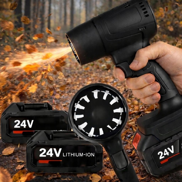 Dmucha acumulator 24V, set cu 2 baterii, putere 300W, negru, pentru curatarea frunzelor, zapezii si prafului