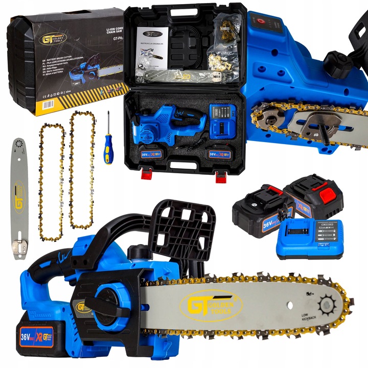 Fierastrau cu lant, Golden Tools, model GT-PA-0050, set XXL, 36cm, 2 acumulatori 36V, greutate 3.50kg