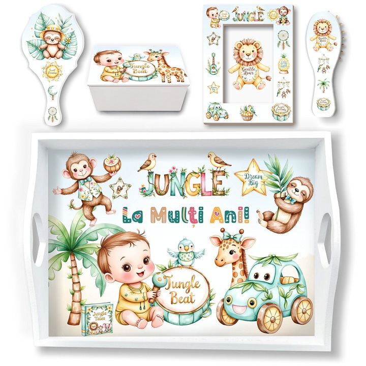 Set Mot Baiat Jungle Party Premium, Tavita Mot Baiat, Cadou Special 1 An, Set Mot Copii cu Accesorii, Design Safari Vesel