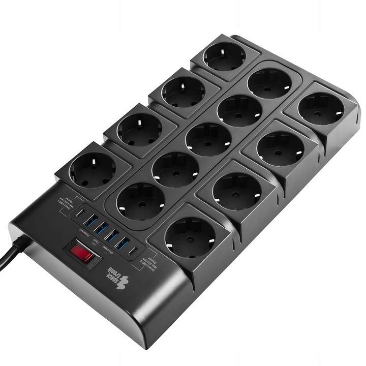 Разклонител Spacetronik, 12 контакта, 6 USB порта, черен, 2м