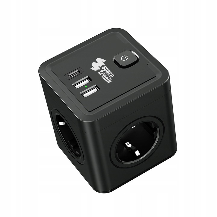 Разклонител с превключвател, Spacetronik, 4 контакта, USB портове, черен