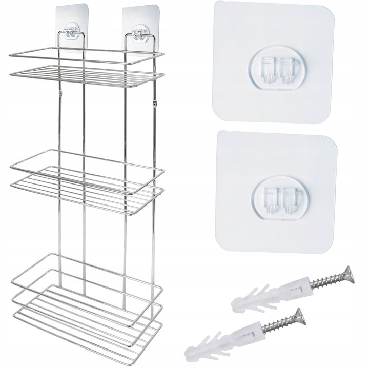 Polka metalica pentru baie, Sepio, 3 niveluri, argintie, 24x54x11cm, montare fara gaurire