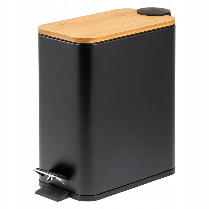 Cos de gunoi Sepio, 6L, bambus, capac cu inchidere lenta, negru, 28,5x28,5x14,5cm