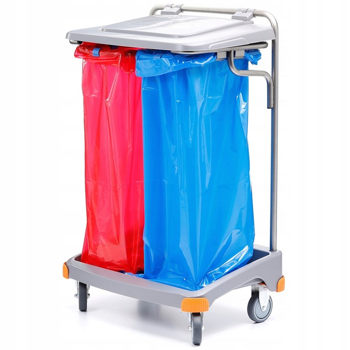Carucior pentru deseuri, 2 compartimente, 2 saci 70l, inox, 100x43x64cm, argintiu
