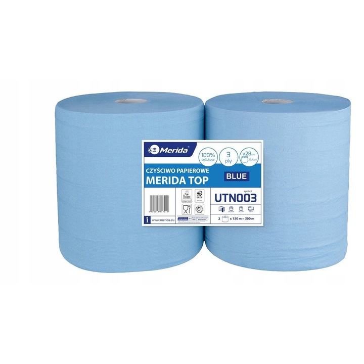 Prosoape de hartie Merida, set 2 role, 150m, 3 straturi, albastre, 26,5cm