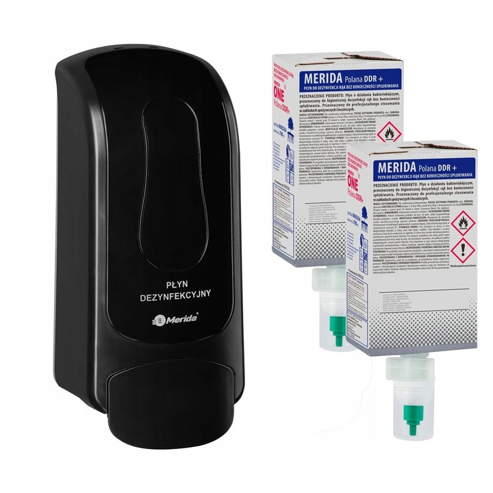 Dispenser de dezinfectant Merida One, negru, ergonomic, set cu refill 700 ml, 27x12x10.4cm