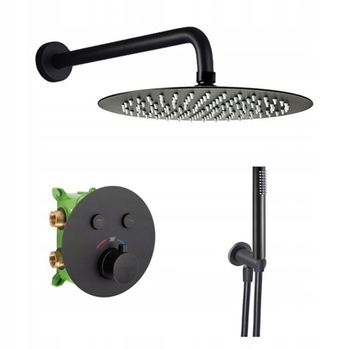 Set de dus Veldman, baterie termostatica 2-functionala, dusul ultra-subtire 30 cm, negru, 150 cm