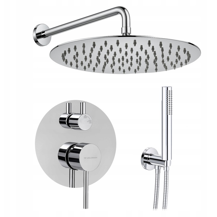 Set de dus Veldman Costa, baterie 2-functionala, deschidere subtire 25x25cm, cromat, lungime furtun 150cm