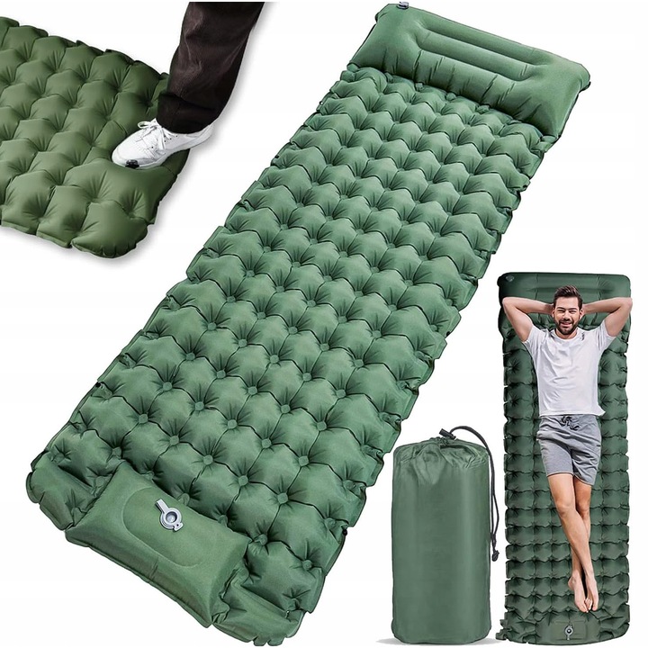 Saltea camping autoumflatoare, 200x67x10cm, verde militar, set cu geanta