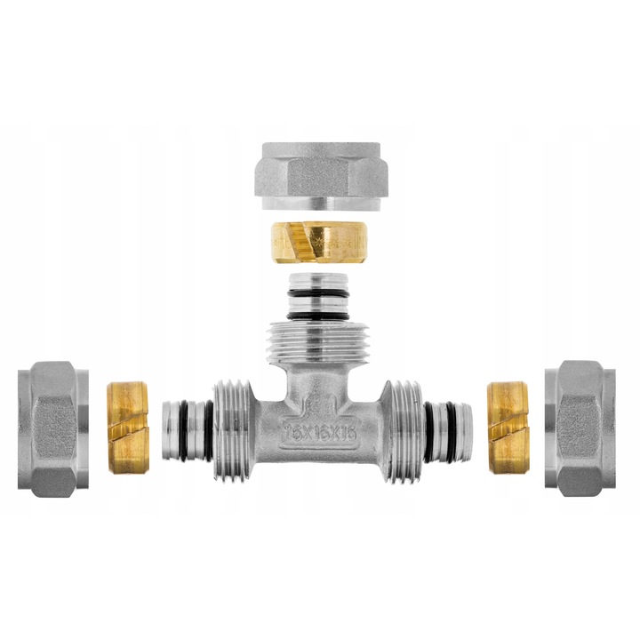 INVENA szerelvények, PEX/AL/PEX T-idom, 26x26x26mm, központi fűtéshez és használati melegvíz rendszerekhez.