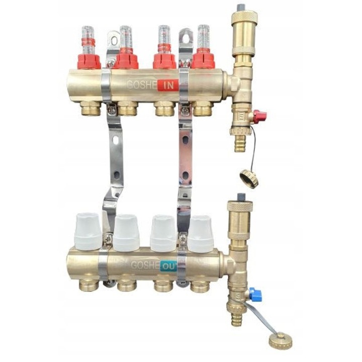 Distribuitor pentru incalzire in pardoseala, Goshe, 7 circuite, set complet cu 2 aerisitoare, bronz