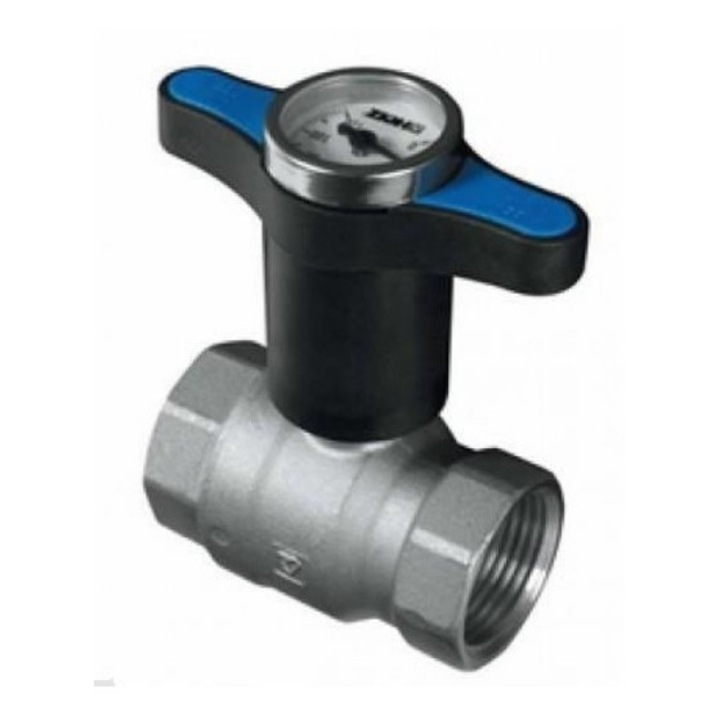 3/4" csap hőmérővel, Herz, sárgaréz, krómozott, 25bar, -30C és +120C között, kék színű