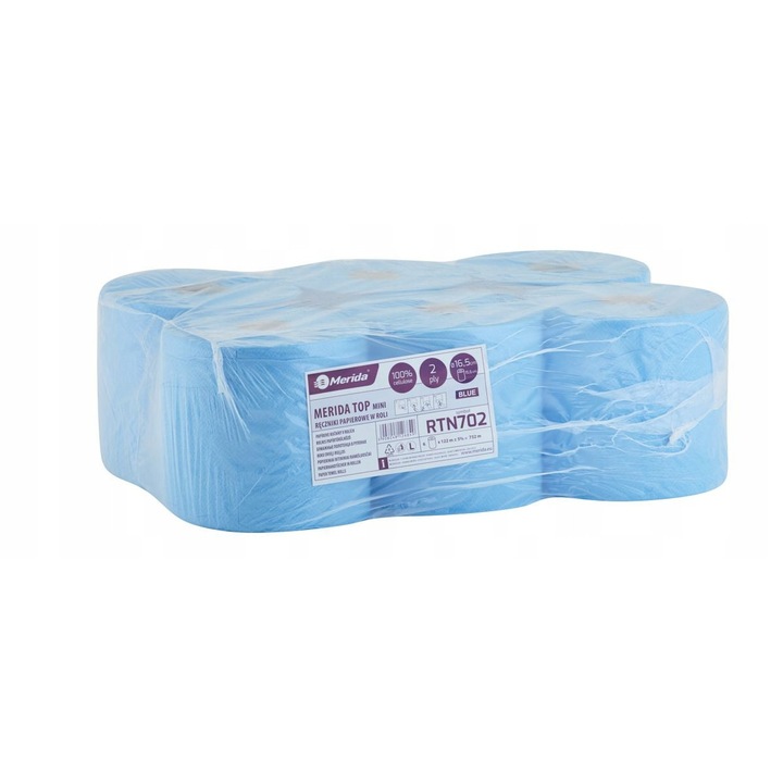 Prosoape de hartie Merida TOP CENTER PULL MINI, 2 straturi, 6 role, 16,5cm x 122m, albastru