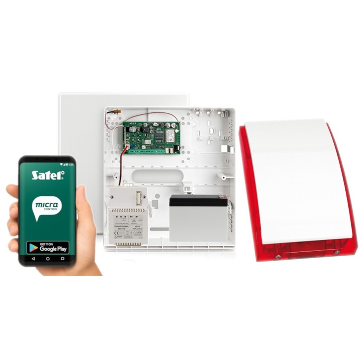 Set alarm Satel MICRA, sirena externa, 4 intrari, 2 iesiri, rosu, 266x286x100mm