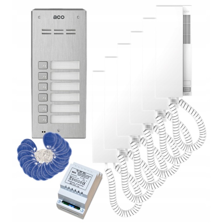 Set interfon 6 familii ACO, 6 unifonuri, cititor RFID, 18 brelocuri, montaj pe perete, 11,5V 1,2A