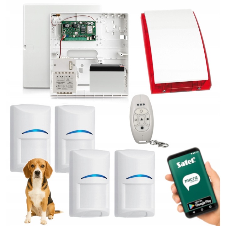 Sistem alarma Satel MICRA, set complet cu 4 senzori Bosch, telecomanda, sirena, aplicatie, 12V, rosu