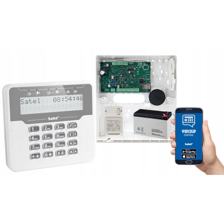 Sistem за аларма Satel VERSA IP, пълен комплект, LCD манипулатор, 4 програмируеми входа, 5 програмируеми изхода, 12V, 230V AC