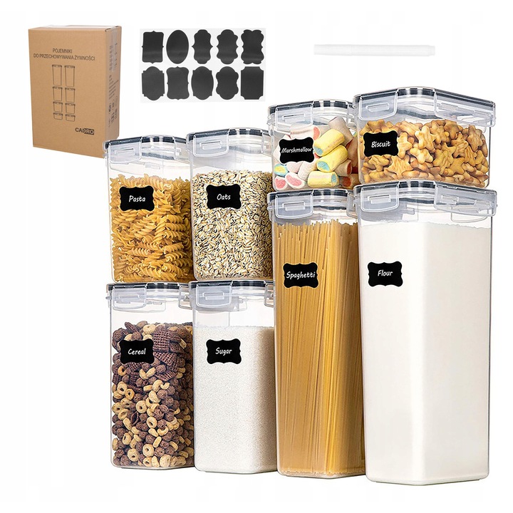 Комплект от 8 кутии за храна Cadro, херметически затворени, различни размери, с етикети, 0,8L-2,8L, многоцветни