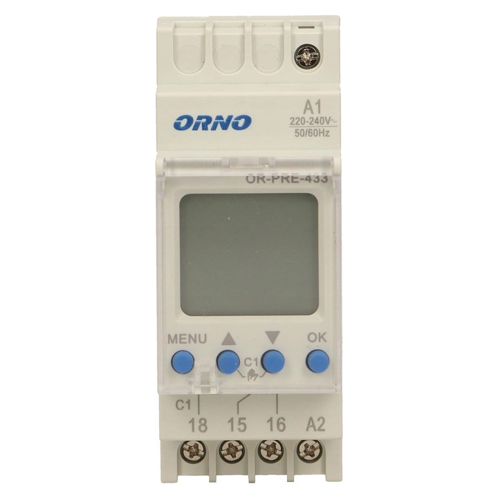 Elektronikus programóra Orno, 52 program, DIN sínre szerelhető, 230V, 36x90x65mm