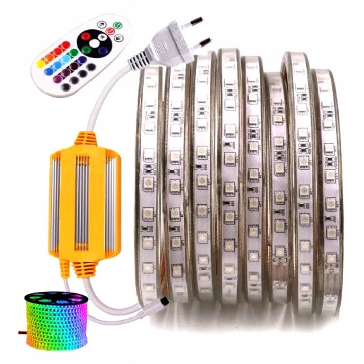 Banda LED RGB 10m, P&S, rezistenta la apa, cu alimentare 230V, controlata prin telecomanda, 60 diode pe metru