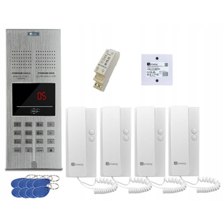 Set interfon 4 familii Genway WL-03NL-V2, 4 unifonuri, 1 panou exterior, 8 brelocuri, 1 modul, 1 alimentator, 331x134x45mm, 12V