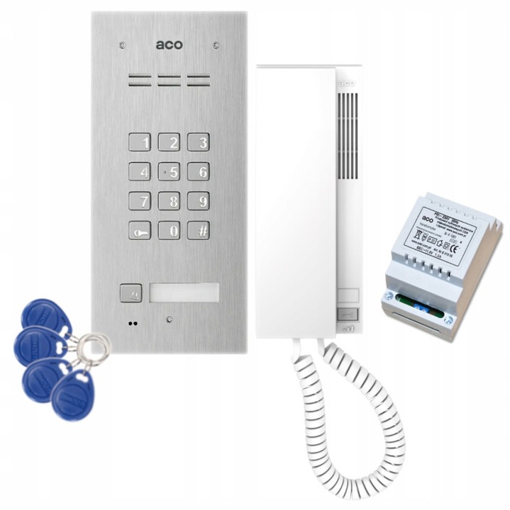 Set interfon 1-familie ACO, statie brama FAM-P-1NPZSACC, unifon INS-UP720B, transformator 11,5V, 4 brelocuri, alb