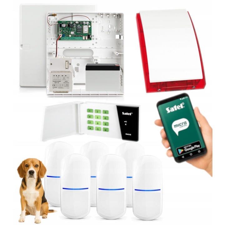 Set alarm wireless Satel MICRA, 6 senzori PET, sirena, aplicatie, 266x286x100mm