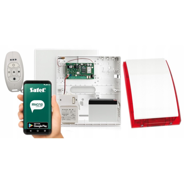 Set alarm Satel MICRA, modul GSM/GPRS, sirena, 5 butoane telecomanda, 12V, rosu