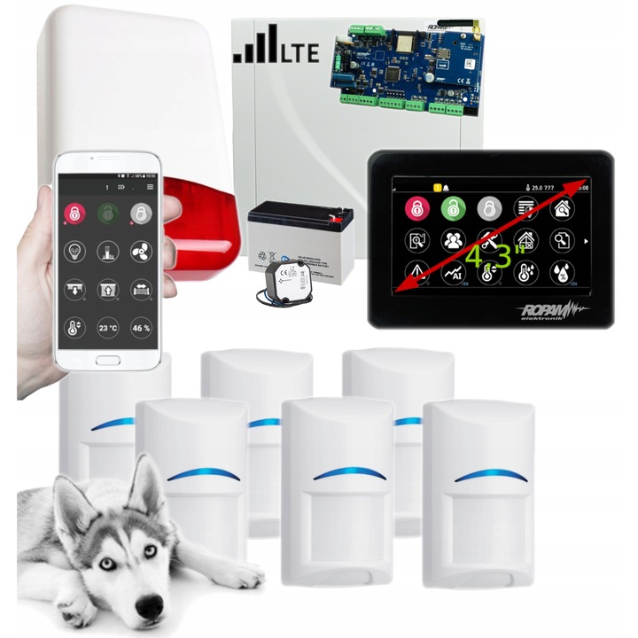 Алармена система Ropam NeoLTE-IP-PS, пълен комплект с 6 сензора Bosch Pet, черен тъч панел, GSM, WiFi, LTE