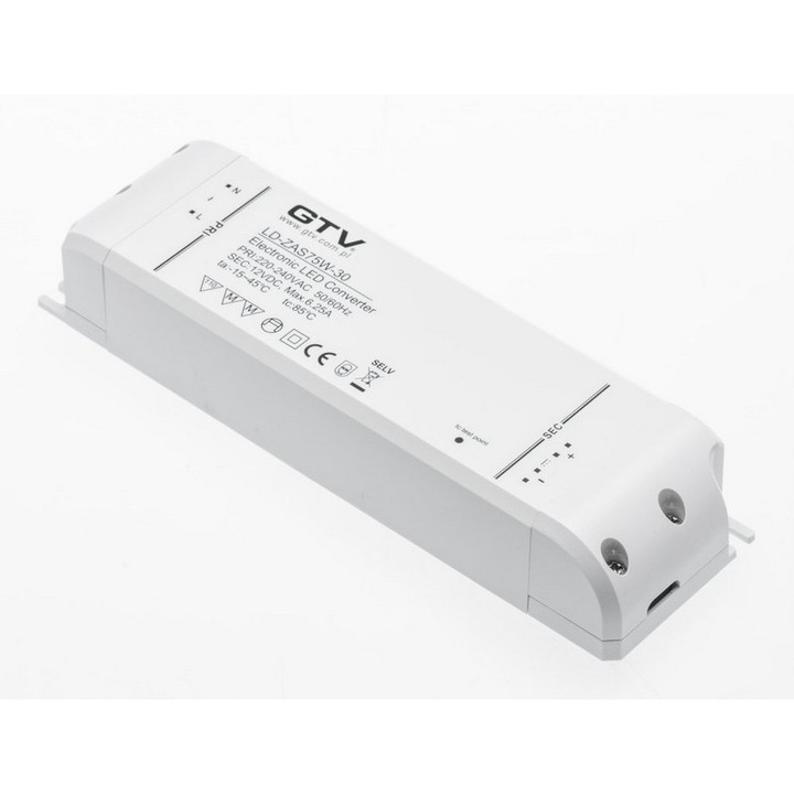 Transformator LED GTV 220-240V, 12V DC, 75W, IP20