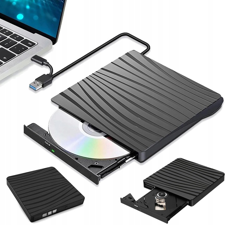 Unitate optica externa, CD/DVD +/-RW, USB 3.0, compatibila cu Windows, MacOS, Linux, neagra, 14x14x1,8cm
