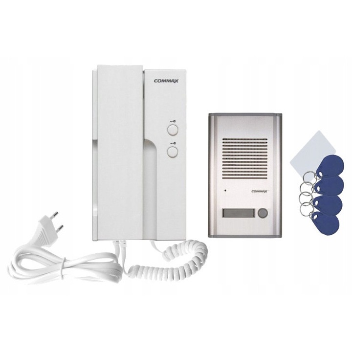 Set interfon Commax DR-201A/RFID cu unifon DP-2HPR 230V, 4 brelocuri, 1 card master, dimensiuni 190x115x15mm