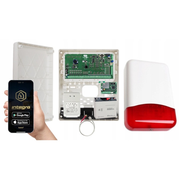 Комплект аларма, Satel Integra 128, GSM LTE модул, външна сирена, 16-128 входа, 12V 17Ah