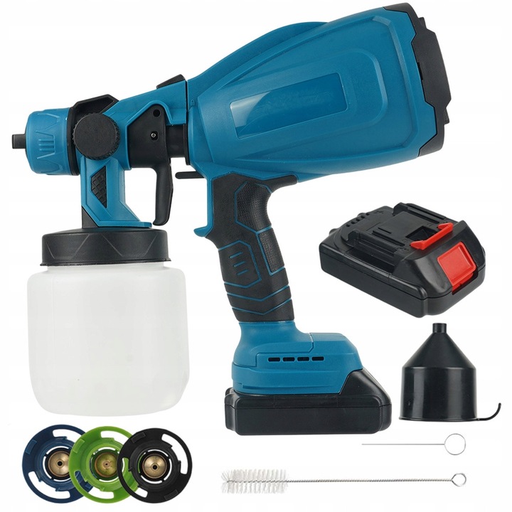 Pistol de vopsit 18V cu 3 duze, capacitate 1000ml, albastru, set complet