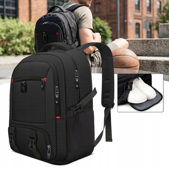 Ghiozdan calatorie extensibil, 34-44L, compartiment pentru incaltaminte, port USB, negru, 50x34x20cm