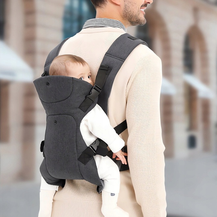 Marsupiu ergonomic pentru copii, cu protectie pentru cap si bavetica, multicolor