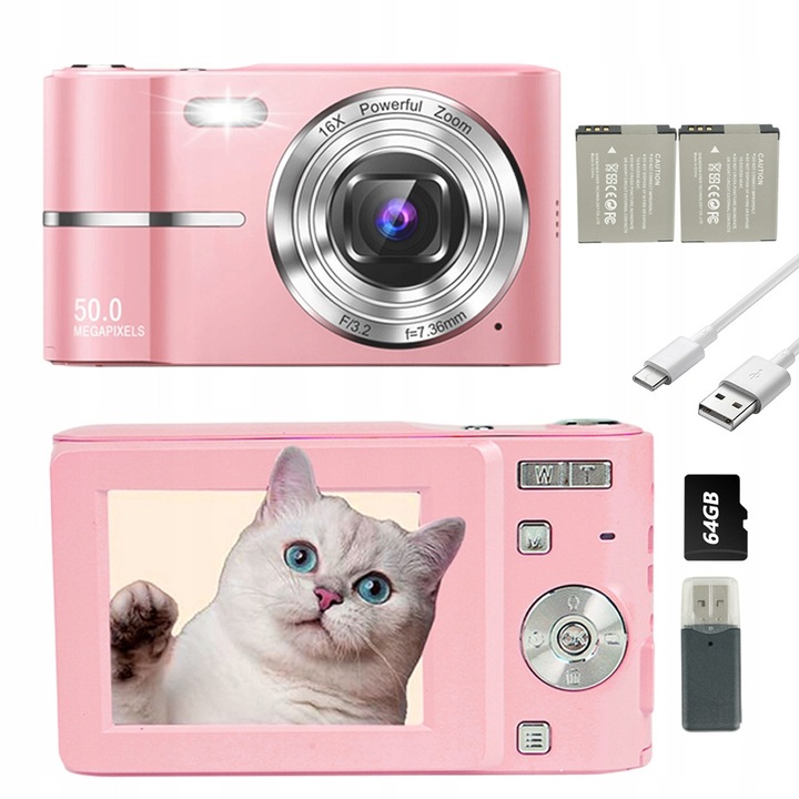 Компактен фотоапарат Bedee M03, 50MP, 16x увеличение, розов, 2,4"