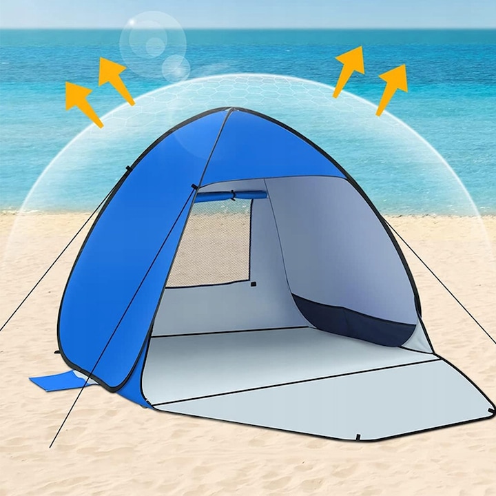 Cort de plaja rapid pop-up, protectie UV UPF50+, dimensiuni 220x190x125cm, culoare albastru inchis, set complet cu accesorii