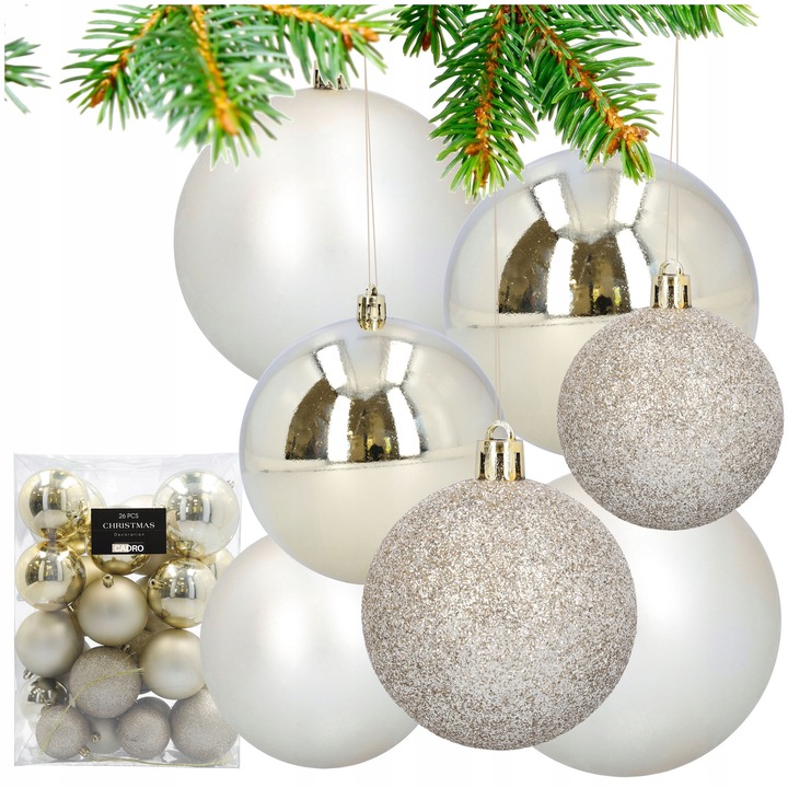Set globuri de Craciun Cadro, 26 bucati, nuante de aur, diverse dimensiuni, 10x10cm, 8x8cm, 6x6cm