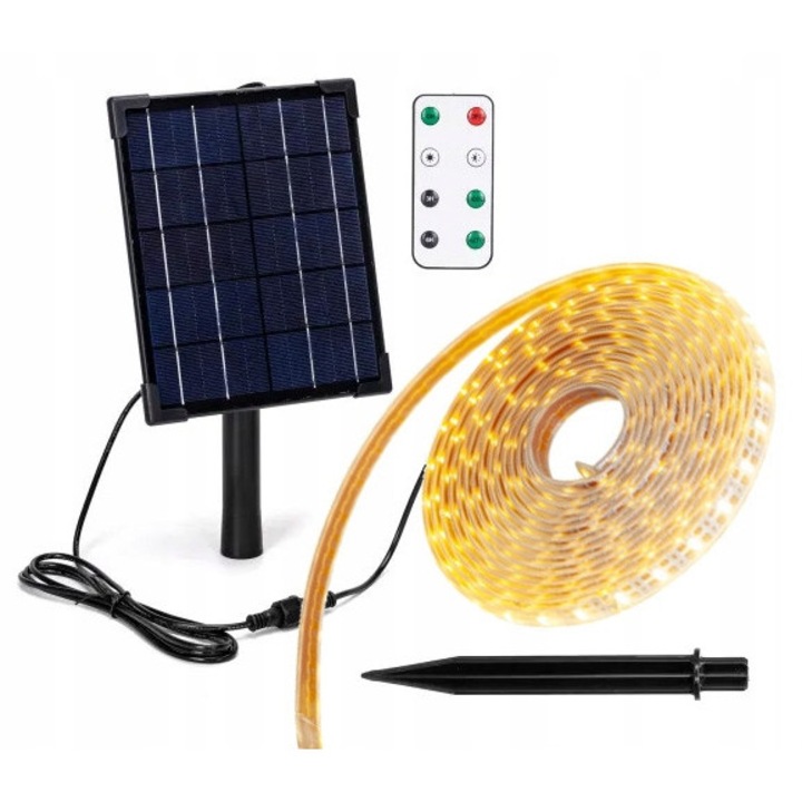 Napelemes LED szalag szett, 5m, 50W, meleg fehér, IP65, napelem panellel és távirányítóval