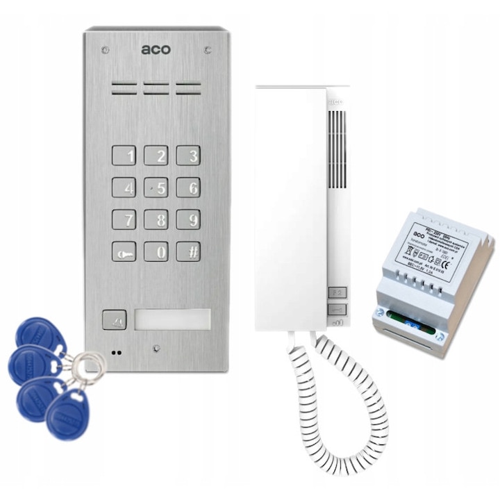 Set interfon ACO FAM-P-1NPZSACC NT, unifon INS-UP720M, transformator 11,5V, 1,2A, alb