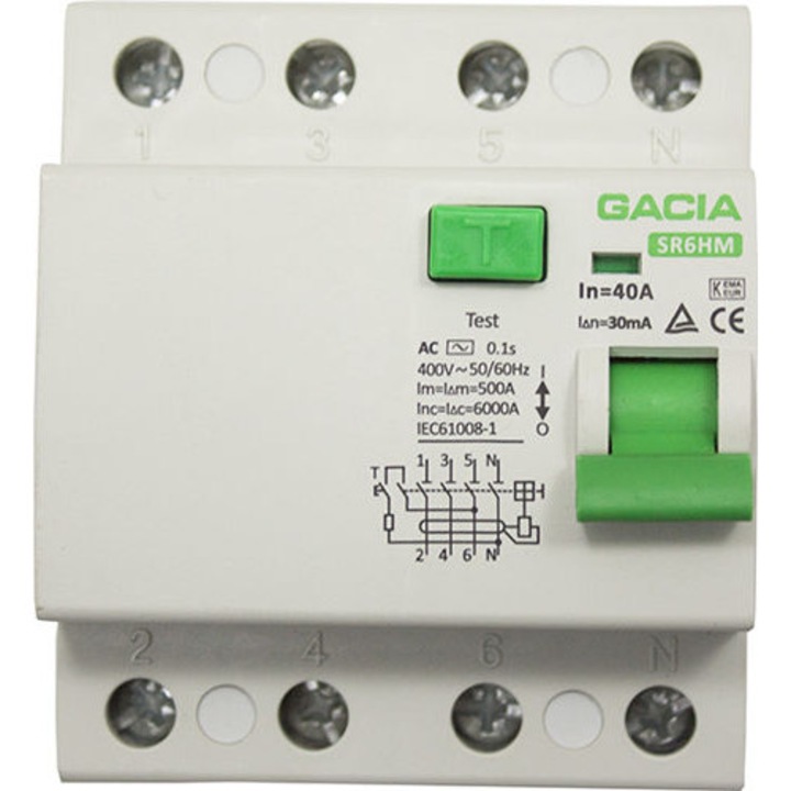 Dispozitiv de protectie diferentiala 40A 4P 30mA Gacia, IP20, 230V