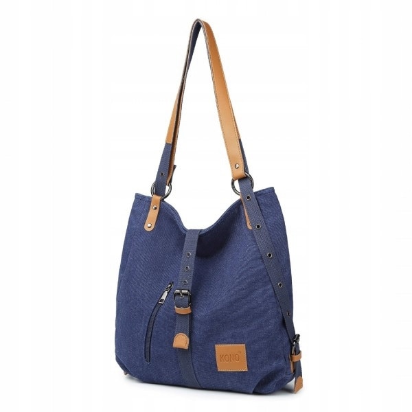 Rucsac vintage Kono din panza pentru laptop A4, albastru cu insertii maro, 35x10x35cm
