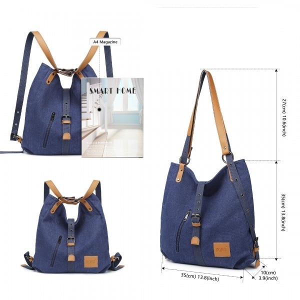Rucsac vintage Kono din panza pentru laptop A4, albastru cu insertii maro, 35x10x35cm