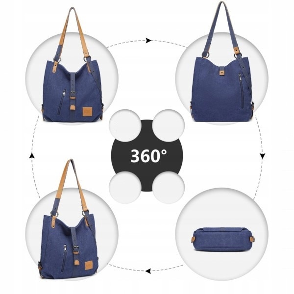 Rucsac vintage Kono din panza pentru laptop A4, albastru cu insertii maro, 35x10x35cm