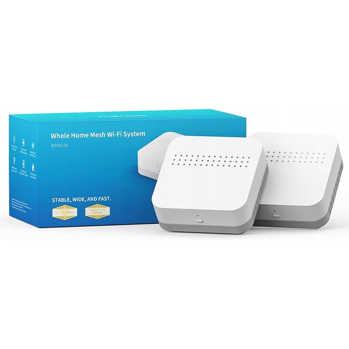 Router Wireless Meross MMW120 Set, WiFi Dual-Band, Acoperire 300m, 2 Porturi Gigabit, 5GHz